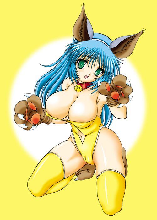 gyakushuu takeshi, 1girl, animal ears, animal hands, bell, blue hair, breasts, cameltoe, cat ears, cat paws, collar, female focus, green eyes, large breasts, neck bell, solo, thighhighs, yellow thighhighs