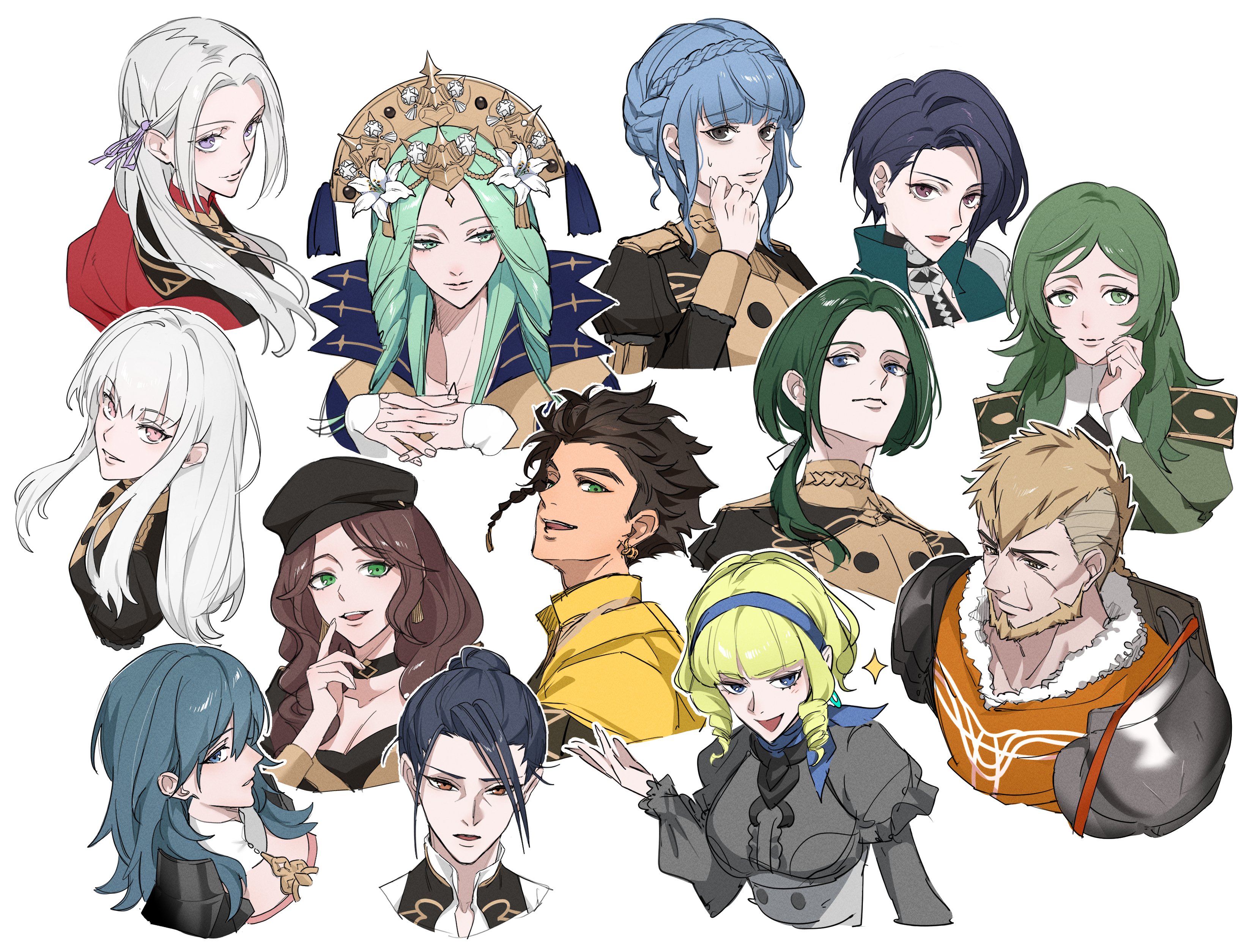 toho10min, claude von riegan, constance von nuvelle, dorothea arnault, edelgard von hresvelg, felix hugo fraldarius, female byleth (fire emblem), jeralt reus eisner, linhardt von hevring, lysithea von ordelia, marianne von edmund, rhea (fire emblem), shamir nevrand, sitri (fire emblem), fire emblem, fire emblem: three houses, nintendo, absurdres, commentary request, highres, 4boys, 6+girls, beard, black hair, black hat, blonde hair, blue hair, blush, braid, brown eyes, brown hair, closed mouth, crown braid, dark-skinned male, dark skin, facial hair, father and daughter, garreg mach monastery uniform, green eyes, green hair, hairband, hat, husband and wife, long hair, long sleeves, mother and daughter, multiple boys, multiple girls, newsboy cap, open mouth, own hands together, pink eyes, purple eyes, purple hairband, scar, scar on face, short hair, sidelocks, simple background, smile, white background, white hair