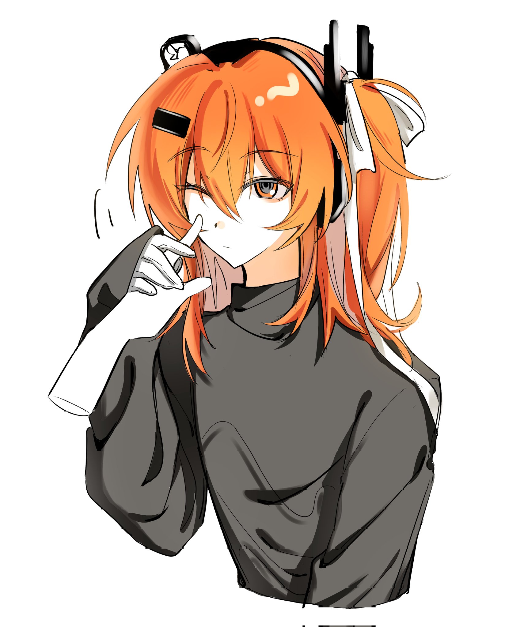 pealerprpr, adachi rei, a.i. voice, utau, commentary, corrupted twitter file, highres, symbol-only commentary, 1girl, black sweater, cheek poking, closed mouth, cropped torso, disembodied hand, gloves, hair between eyes, hair ribbon, headlamp, long sleeves, one eye closed, one side up, orange eyes, orange hair, poking, ribbon, simple background, sleeves past wrists, solo, sweater, turtleneck, turtleneck sweater, upper body, white background, white gloves, white ribbon