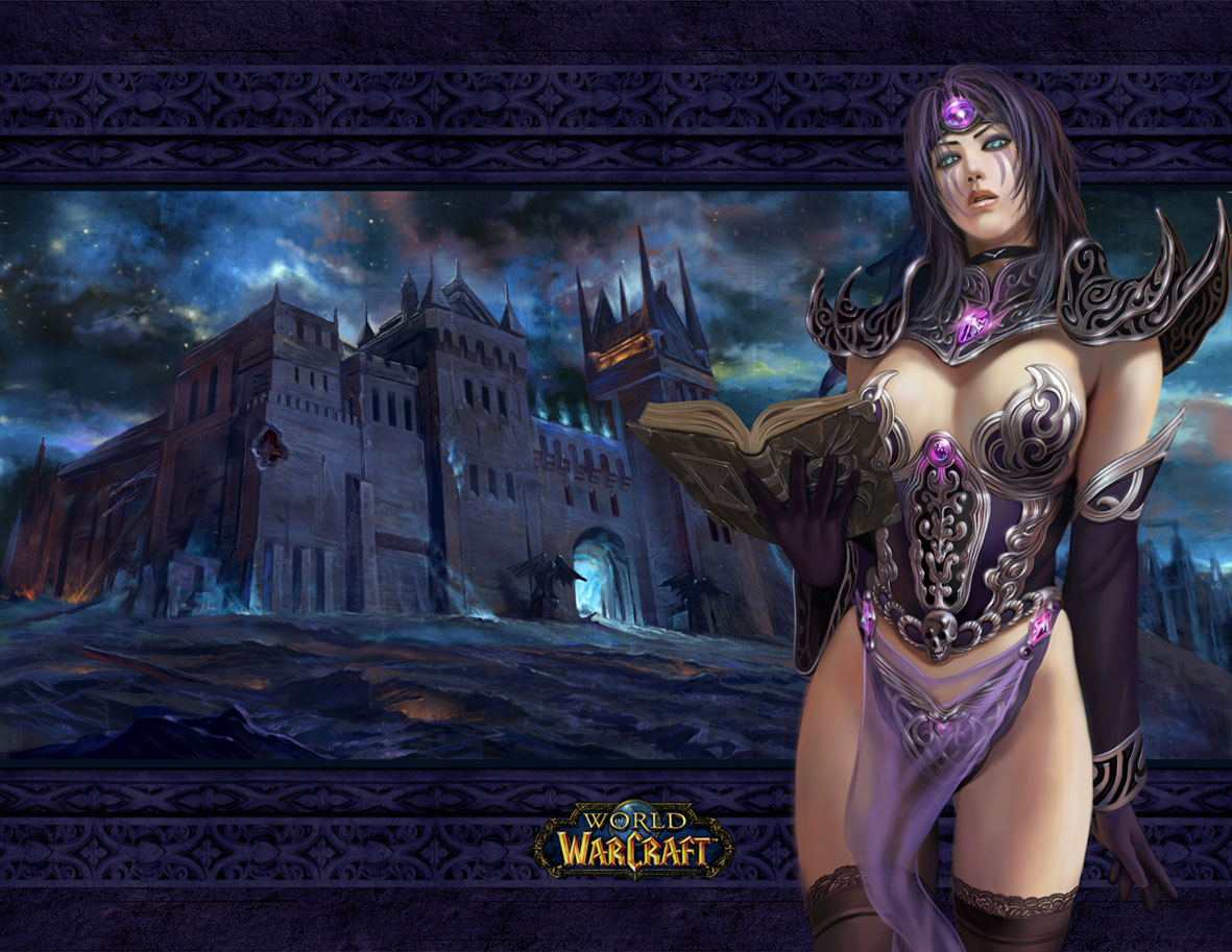 azazel1944, jandice barov, warcraft, world of warcraft, wallpaper, black hair, book, breasts, castle, choker, circlet, elbow gloves, eyeshadow, facepaint, gloves, makeup, scholomance, see-through clothes, thighhighs