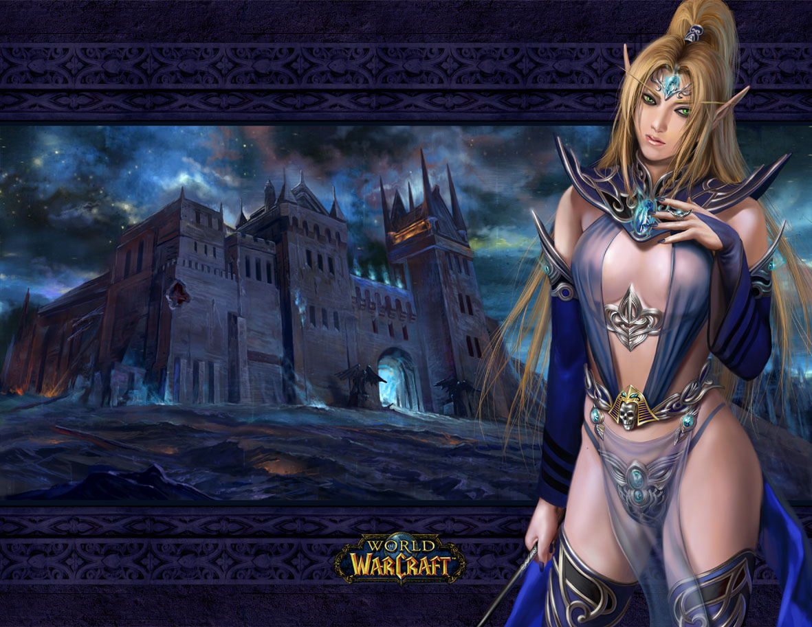 azazel1944, instructor malicia, warcraft, world of warcraft, armor, bikini armor, blonde hair, elbow gloves, elf, gloves, green eyes, pointy ears, ponytail, scholomance, see-through clothes, thighhighs