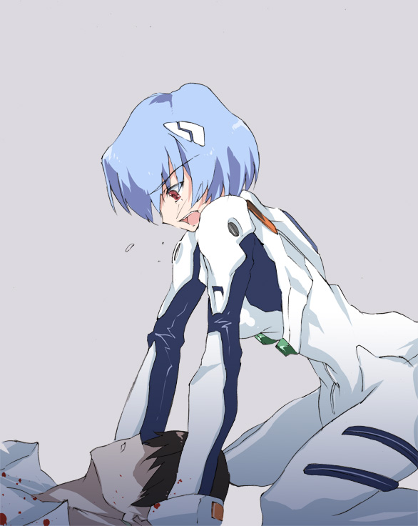 kitano yuusuke, ayanami rei, neon genesis evangelion, 1boy, 1girl, :o, all fours, blood, blood on clothes, bodysuit, bracer, death, faceless, faceless male, from side, grey background, hair over eyes, interface headset (evangelion), leaning forward, looking at another, looking down, mecha pilot suit, parted lips, plugsuit (evangelion), profile, shirt, shouting, solo focus