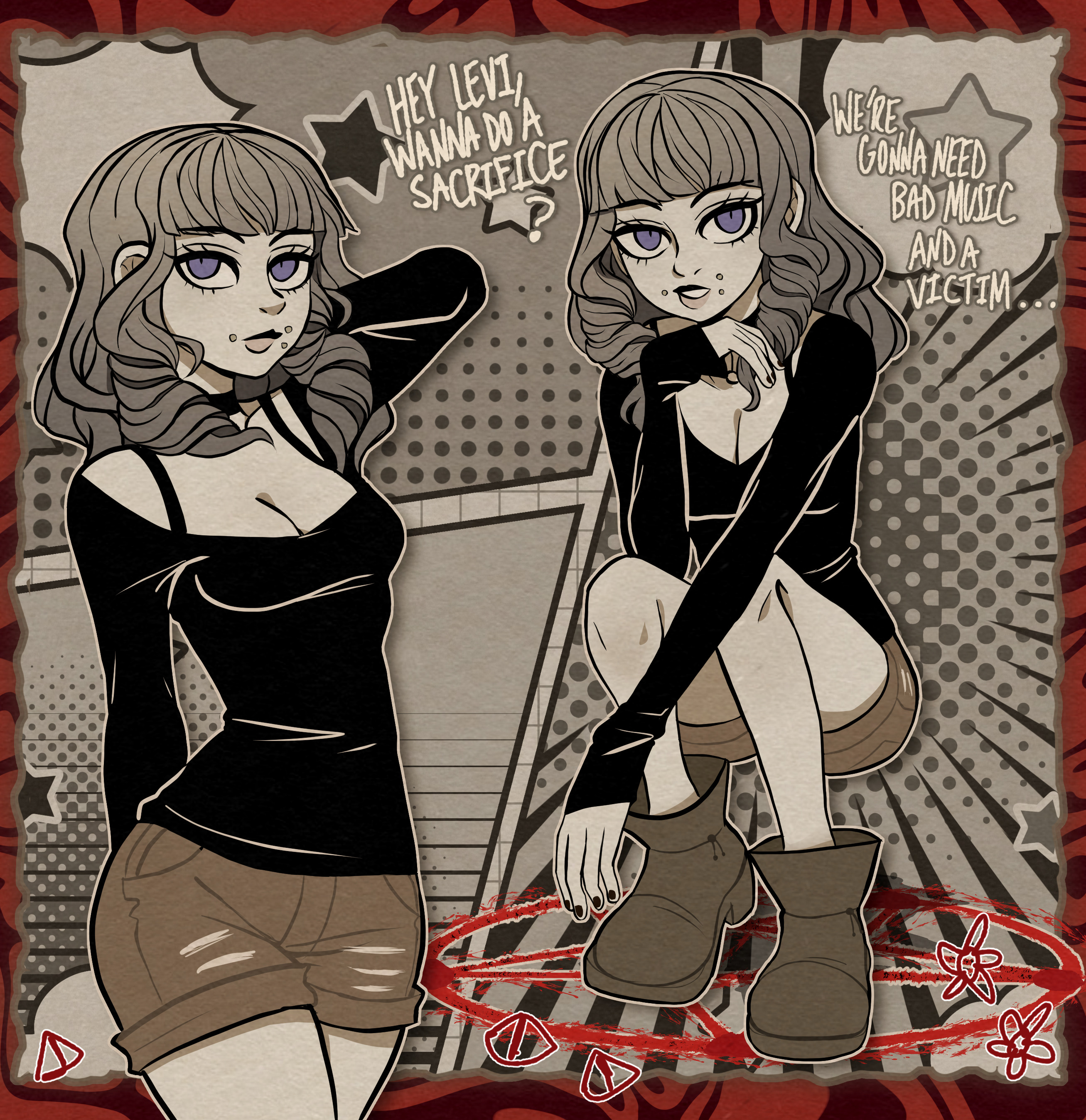 raygrillmasta7, marina (fear & hunger), fear & hunger (series), fear & hunger 2: termina, the coffin of andy and leyley, absurdres, highres, 1girl, arm behind head, black shirt, blue eyes, bra strap, breasts, brown shorts, crossover, english text, face piercing, long hair, looking to the side, mouth piercing, pentagram, piercing, shirt, shorts