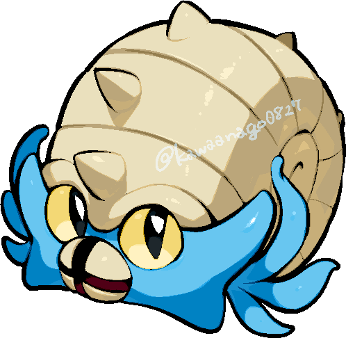 kawaanago, omastar, nintendo, pokemon, commentary request, lowres, animal focus, chibi, chibi only, full body, gen 1 pokemon, no humans, open mouth, pokemon (creature), pokemon focus, solo, spiked shell, tentacles, transparent background, twitter username