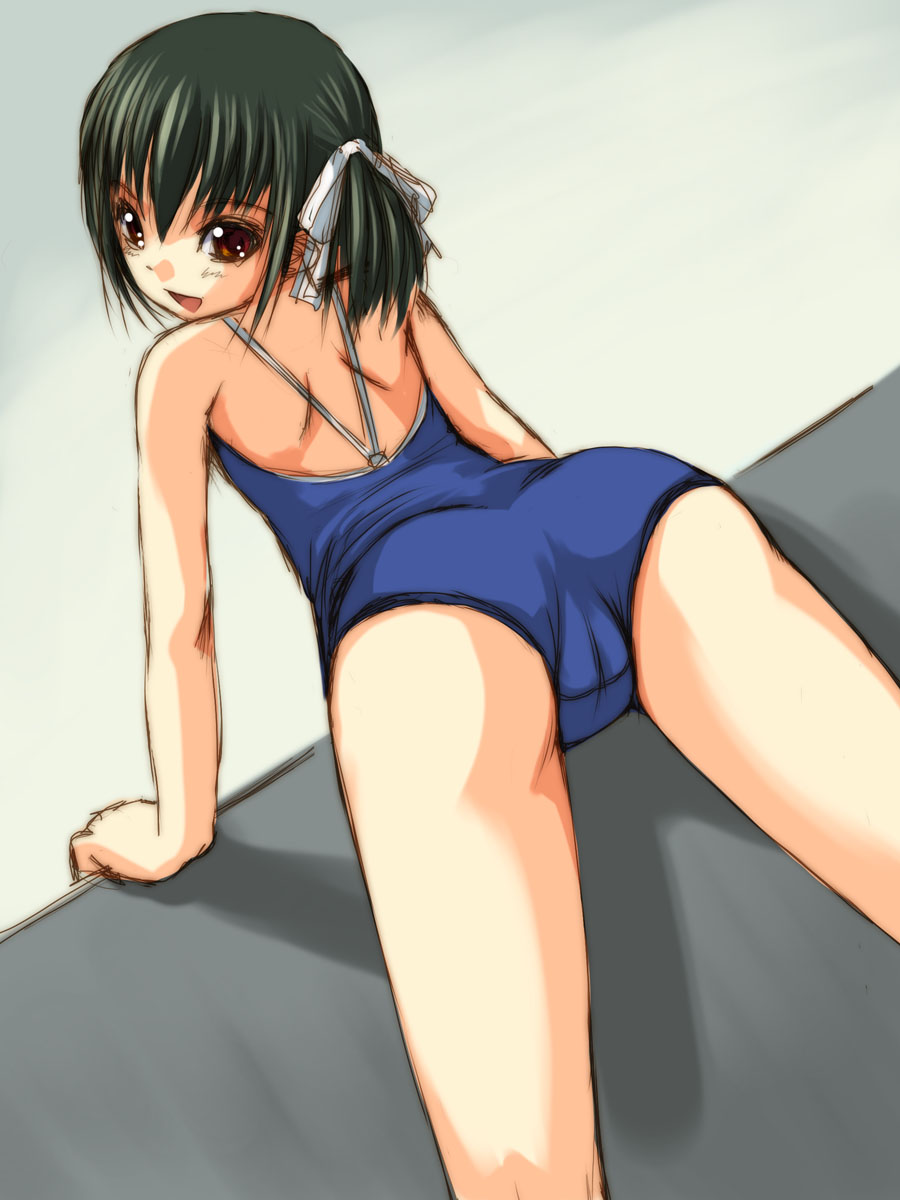 bosshi, yu (bosshi), original, highres, 1girl, :d, ass, back, bent over, black hair, cameltoe, competition school swimsuit, female focus, flat chest, from behind, hair ribbon, looking back, one-piece swimsuit, open mouth, red eyes, ribbon, school swimsuit, short hair, short twintails, smile, solo, swimsuit, thighs, twintails