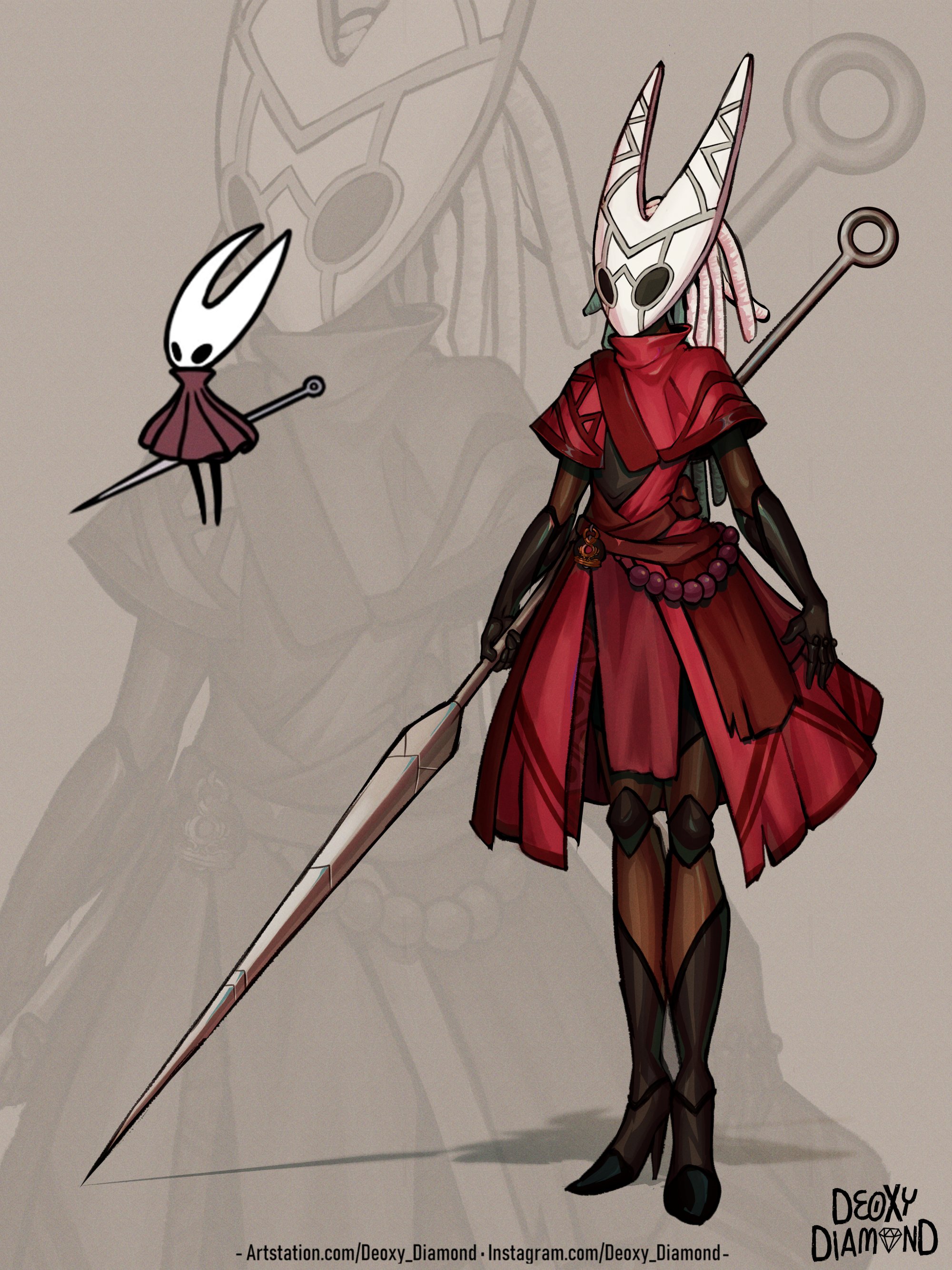 deoxy diamond, hornet (hollow knight), hollow knight, hollow knight: silksong, absurdres, commentary, english commentary, highres, 2girls, artist name, capelet, dark-skinned female, dark skin, dreadlocks, full body, holding, holding weapon, humanization, mask, masked, multiple girls, needle (hollow knight), pink hair, red capelet, reference inset, weapon, white mask