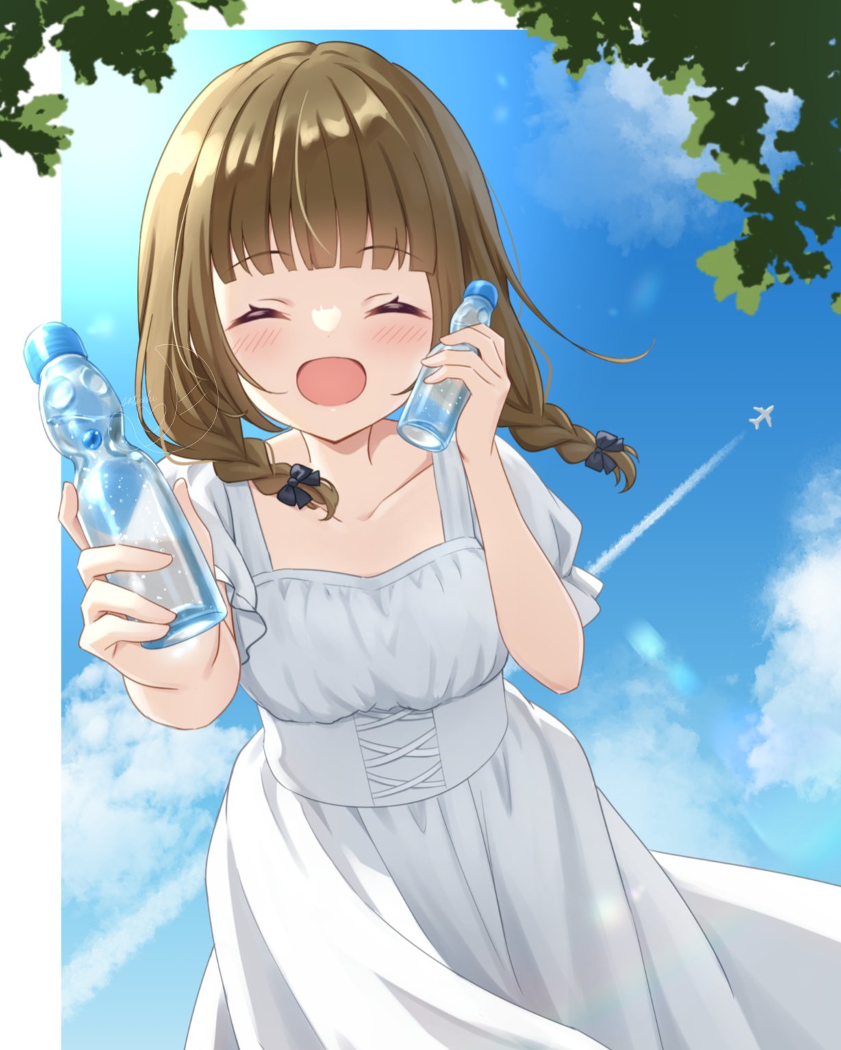 hanazora satsuki, kachimachi kosuzu, link! like! love live!, love live!, commentary request, highres, 1girl, :d, ^ ^, aircraft, airplane, alternate costume, alternate hairstyle, blue sky, blunt bangs, blush, bottle, braid, brown hair, closed eyes, collarbone, contrail, cowboy shot, day, dress, facing viewer, frilled sleeves, frills, holding, holding bottle, jet airliner, low twin braids, open mouth, outdoors, outside border, pillarboxed, puffy short sleeves, puffy sleeves, ramune, short sleeves, sky, smile, solo, twin braids, virtual youtuber, white dress