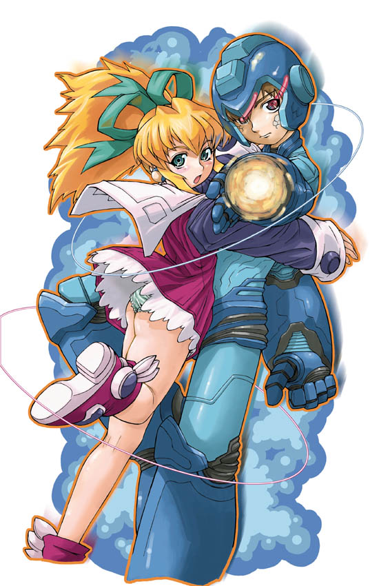 kon-shu, mega man (character), roll (mega man), capcom, mega man (classic), mega man (series), red footwear, 1boy, 1girl, aiming, aiming at viewer, ass, black sleeves, blonde hair, blush, brown hair, dress, green eyes, green ribbon, hair ribbon, kneepits, leg up, legs, long hair, long sleeves, looking at viewer, looking back, open mouth, panties, pantyshot, ponytail, red dress, ribbon, shoe soles, short dress, sidelocks, standing, standing on one leg, underwear, upskirt