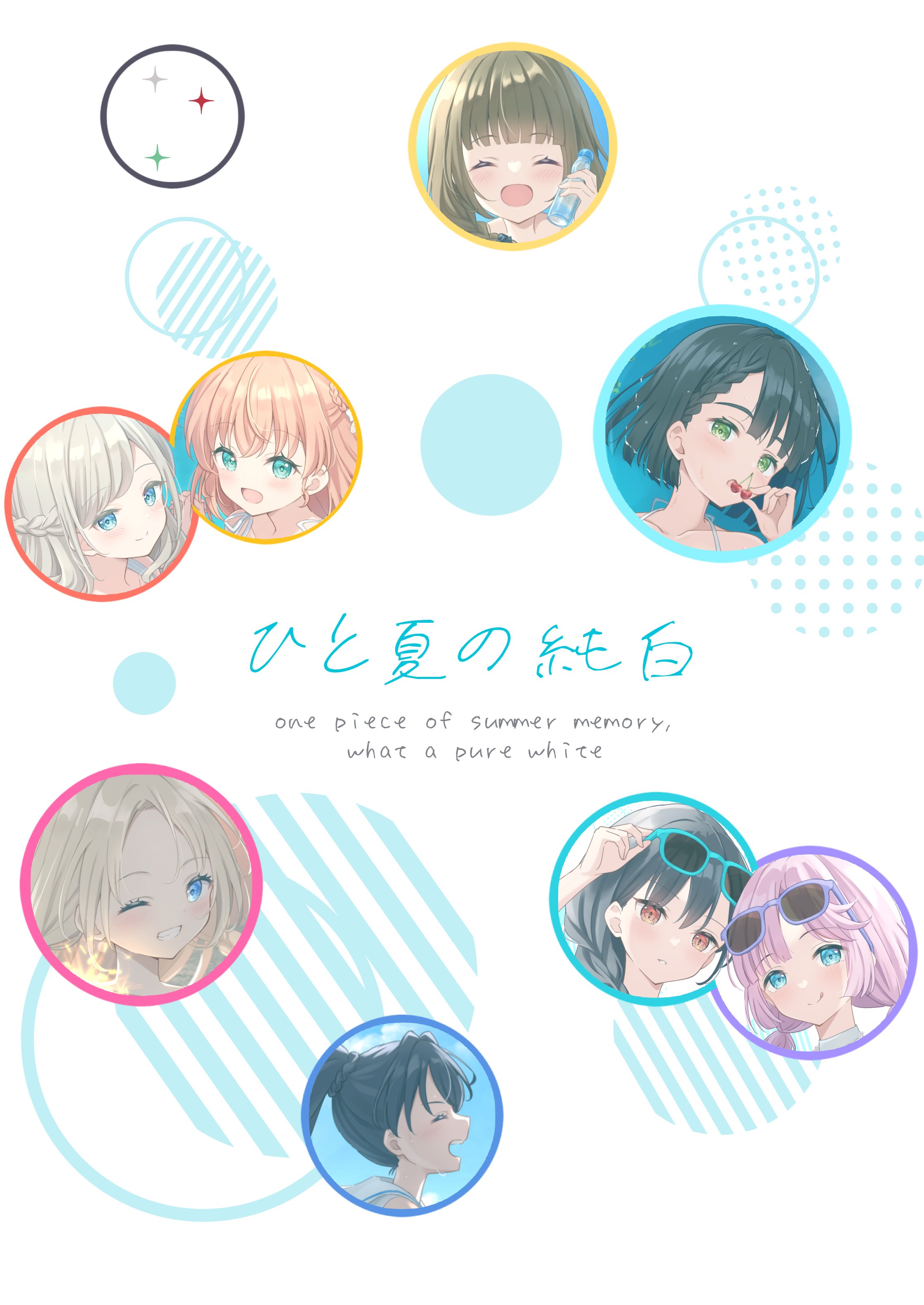 hanazora satsuki, anyoji hime, ceras yanagida lilienfeld, hinoshita kaho, kachimachi kosuzu, katsuragi izumi, momose ginko, murano sayaka, osawa rurino, link! like! love live!, love live!, absurdres, commentary request, highres, 6+girls, :d, ;d, ^ ^, aqua eyes, black hair, blonde hair, blue-framed eyewear, blue eyes, blunt bangs, blush, braid, brown hair, closed eyes, closed mouth, dress, eyewear on head, grey hair, grin, halterneck, long hair, low twintails, multiple girls, one eye closed, open mouth, orange eyes, orange hair, pink hair, ponytail, ponytail with braided base, purple-framed eyewear, sailor collar, sailor dress, single braid, sleeveless, sleeveless dress, smile, split mouth, twintails, virtual youtuber, white dress, white sailor collar