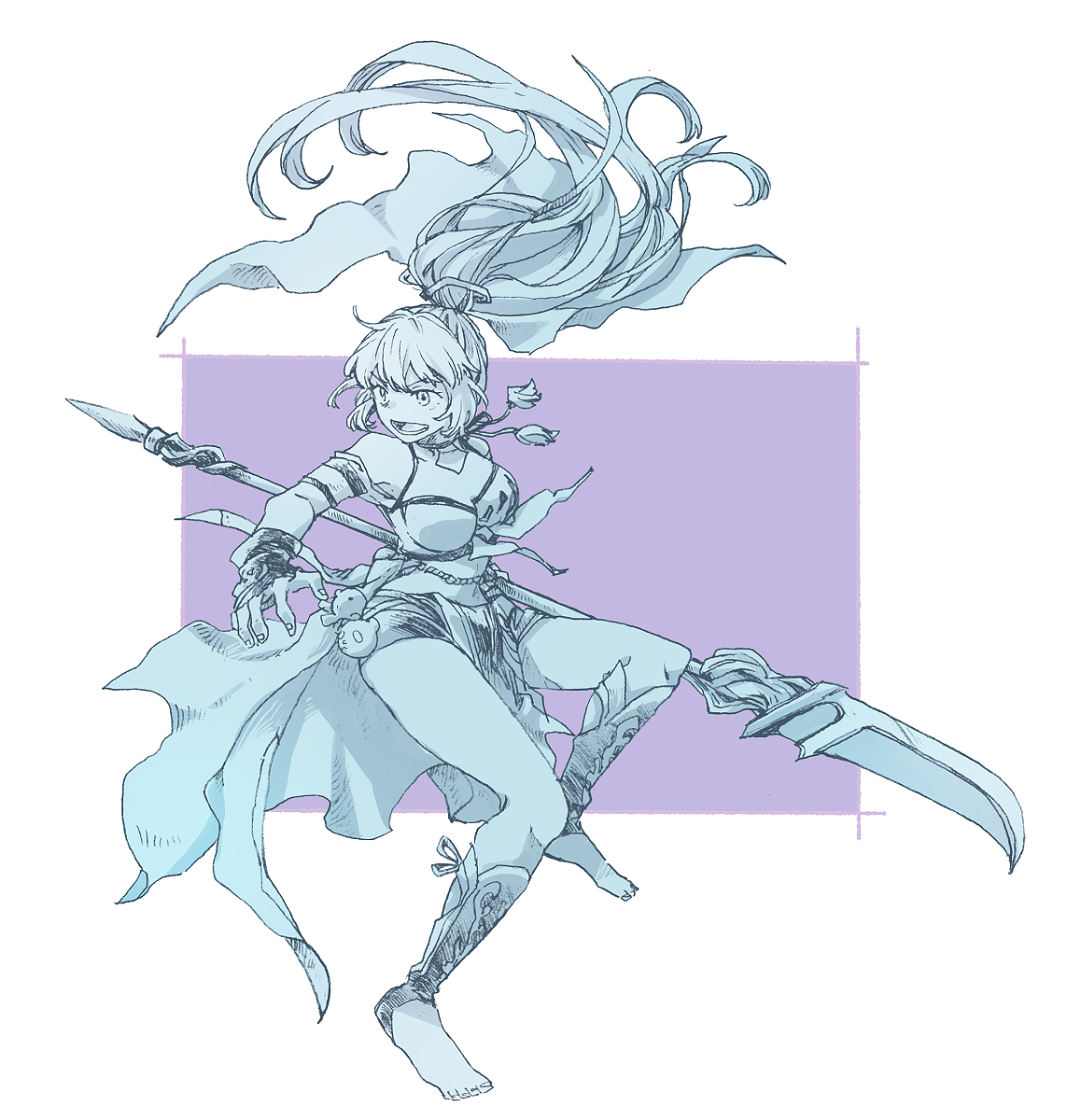 michibata 65, foran (another eden), another eden, commentary request, highres, 1girl, animal charm, armpits, bare shoulders, belt, boots, breasts, charm (object), choker, clothing cutout, cropped shirt, fighting stance, fingerless gloves, floating, floating hair, full body, gloves, greyscale with colored background, hair ribbon, hatching (texture), high ponytail, holding, holding polearm, holding weapon, knee boots, large breasts, leg up, linear hatching, long hair, looking to the side, lower teeth only, midriff, naginata, open-toe boots, open mouth, polearm, ponytail, purple background, ribbon, short shorts, short sleeves, shorts, shoulder cutout, sidelocks, simple background, solo, tassel, teeth, turning head, v-shaped eyebrows, very long hair, weapon, white background
