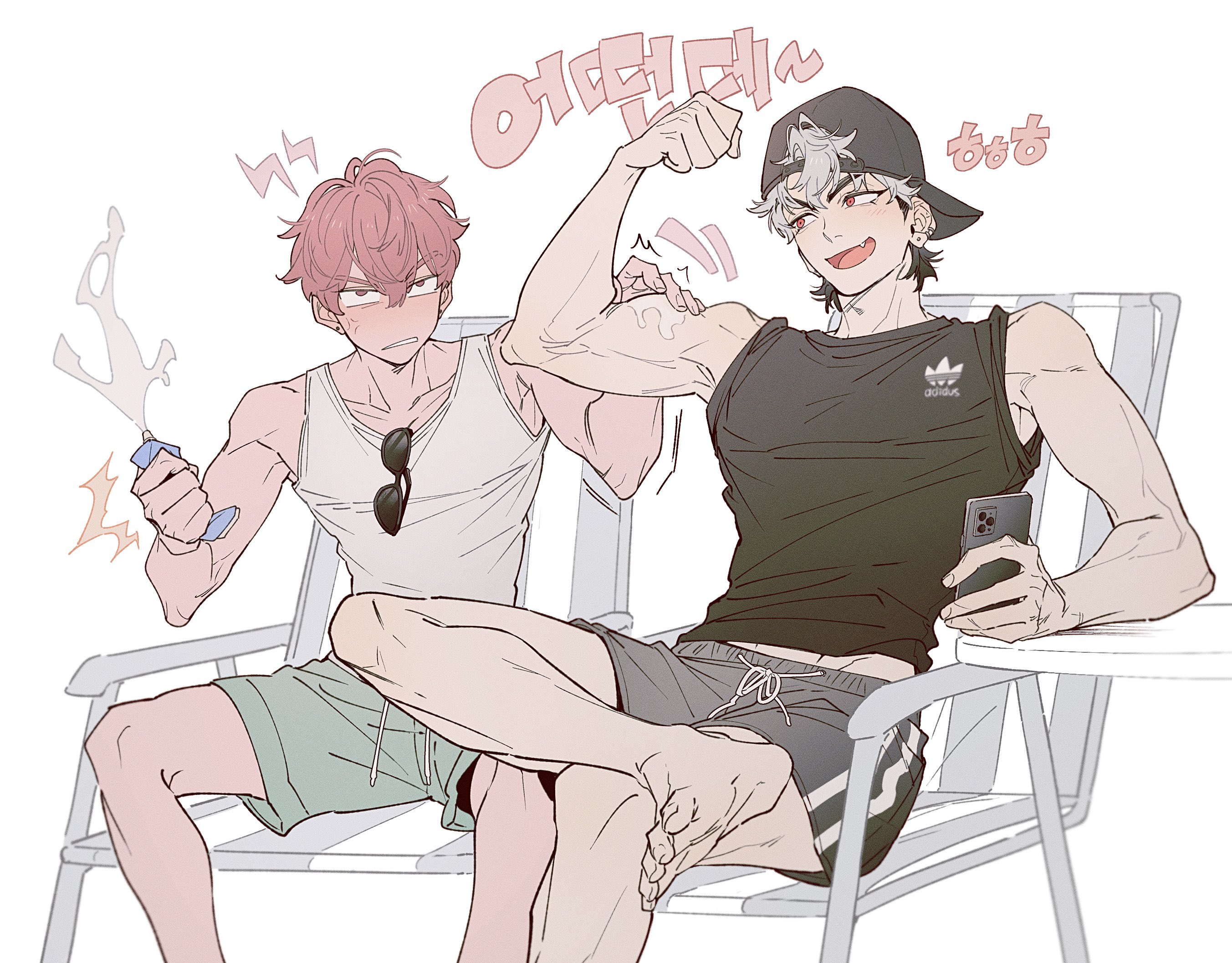 p o p dorodoro, adidas, highres, translation request, 2boys, anger vein, angry, arm up, bamby (plave), bare shoulders, barefoot, black hair, black male swimwear, black shirt, black swim trunks, blush, cellphone, chair, crossed legs, double-parted bangs, drawstring, eunho (plave), feet out of frame, flexing, green swim trunks, grey hair, hair between eyes, holding, holding phone, holding sunscreen, iphone, looking to the side, lotion, male focus, male swimwear, midriff peek, multicolored hair, multiple boys, phone, pink hair, plave, sanpaku, shirt, sideways glance, sitting, smartphone, striped male swimwear, sunglasses, sunscreen, swim trunks, tank top, teeth, toned, toned male, two-tone hair, unworn eyewear, white background, white tank top