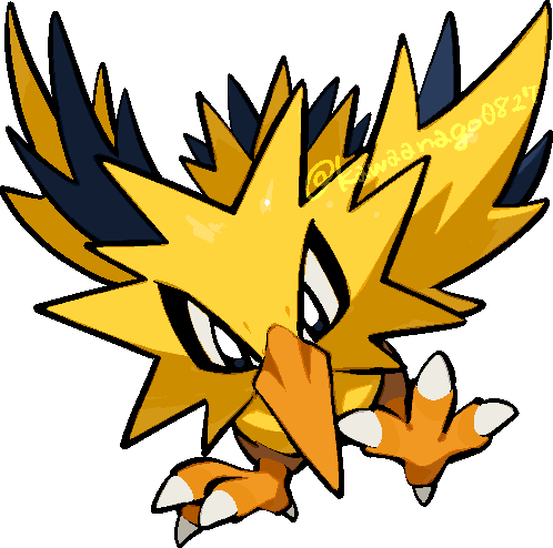 kawaanago, zapdos, nintendo, pokemon, commentary request, lowres, animal focus, bird, chibi, chibi only, full body, gen 1 pokemon, legendary pokemon, no humans, pokemon (creature), pokemon focus, solo, transparent background, twitter username, v-shaped eyes