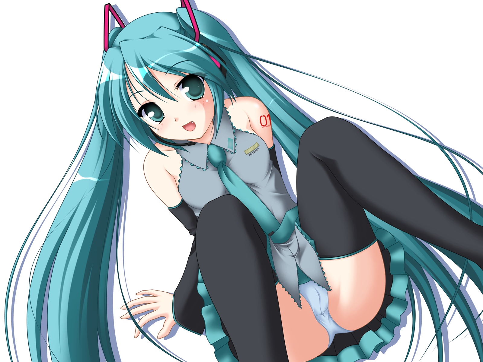 kakesu, hatsune miku, vocaloid, highres, 1girl, aqua hair, aqua necktie, blouse, cameltoe, collared shirt, detached sleeves, eyes visible through hair, fang, female focus, frilled shirt, frills, grey shirt, hair between eyes, legs, long hair, necktie, panties, pantyshot, shirt, sitting, sleeveless, sleeveless shirt, solo, tattoo, thighhighs, twintails, underwear, very long hair, white panties