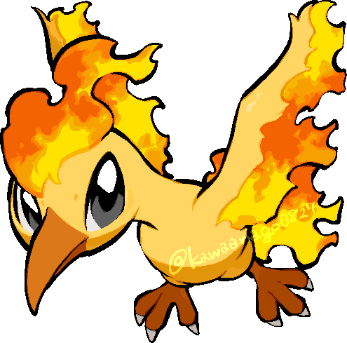 kawaanago, moltres, nintendo, pokemon, commentary request, lowres, animal focus, bird, chibi, chibi only, closed mouth, fiery wings, fire, full body, gen 1 pokemon, legendary pokemon, no humans, pokemon (creature), pokemon focus, solo, transparent background, twitter username, wings