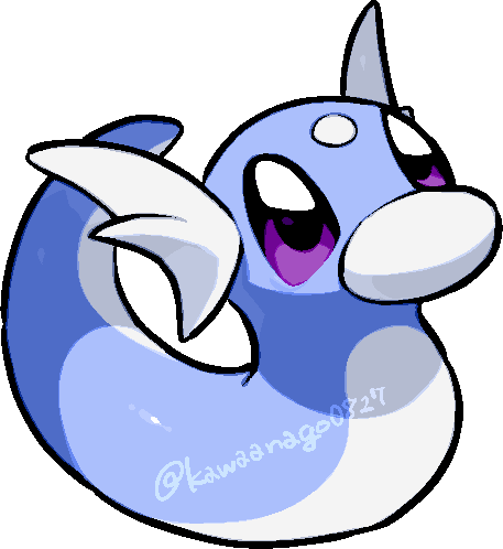 kawaanago, dratini, nintendo, pokemon, commentary request, lowres, animal focus, chibi, chibi only, full body, gen 1 pokemon, no humans, pokemon (creature), pokemon focus, purple eyes, solo, transparent background, twitter username