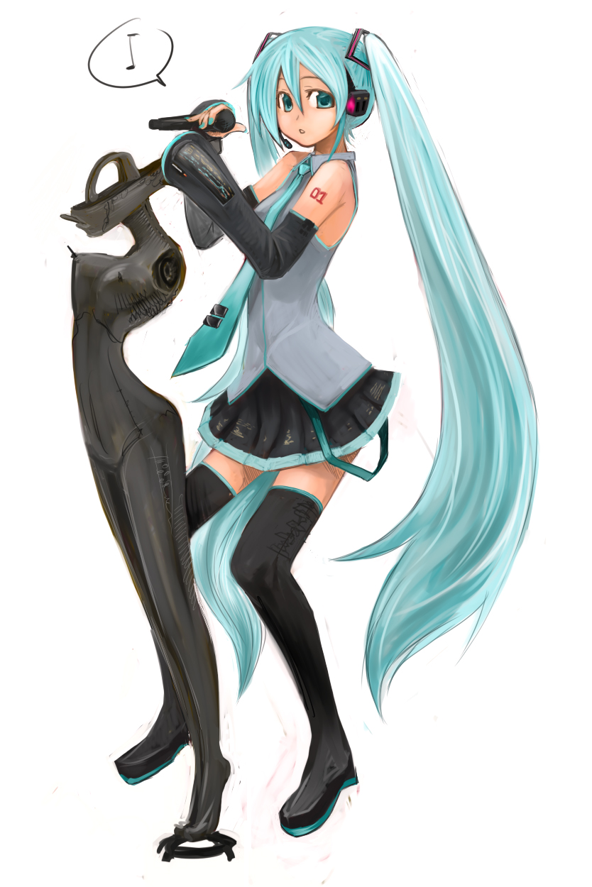 h (158cm), hatsune miku, vocaloid, highres, 1girl, aqua hair, aqua necktie, black thighhighs, blouse, boots, collared shirt, female focus, full body, grey shirt, hair between eyes, headphones, long hair, necktie, shirt, sleeveless, sleeveless shirt, solo, tattoo, thigh boots, thighhighs, twintails, very long hair, white background, zettai ryouiki