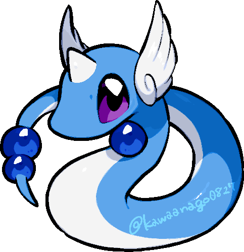 kawaanago, dragonair, nintendo, pokemon, commentary request, lowres, animal focus, chibi, chibi only, full body, gen 1 pokemon, head wings, horns, no humans, pokemon (creature), pokemon focus, purple eyes, single horn, solo, transparent background, twitter username, wings