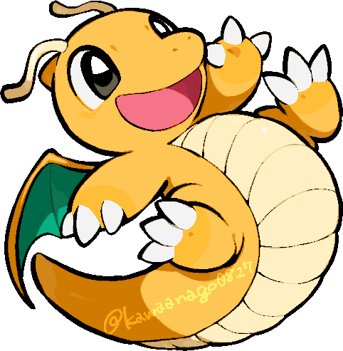 kawaanago, dragonite, nintendo, pokemon, commentary request, lowres, chibi, chibi only, dragon, dragon wings, full body, gen 1 pokemon, no humans, nostrils, open mouth, pokemon (creature), pokemon focus, smile, solo, transparent background, twitter username, wings