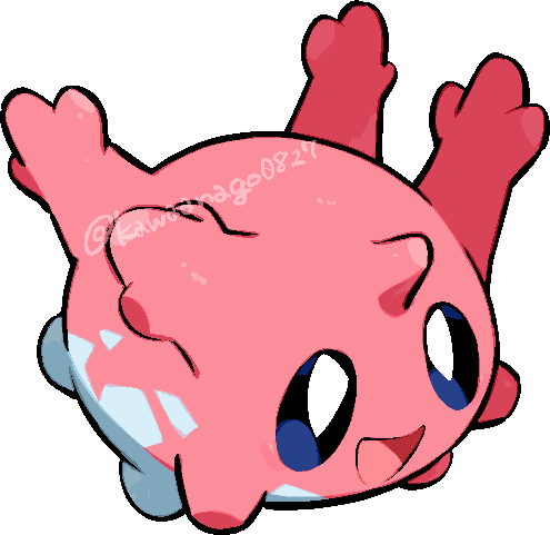 kawaanago, corsola, nintendo, pokemon, commentary request, lowres, chibi, chibi only, full body, gen 2 pokemon, open mouth, pokemon (creature), pokemon focus, smile, solo, transparent background, twitter username