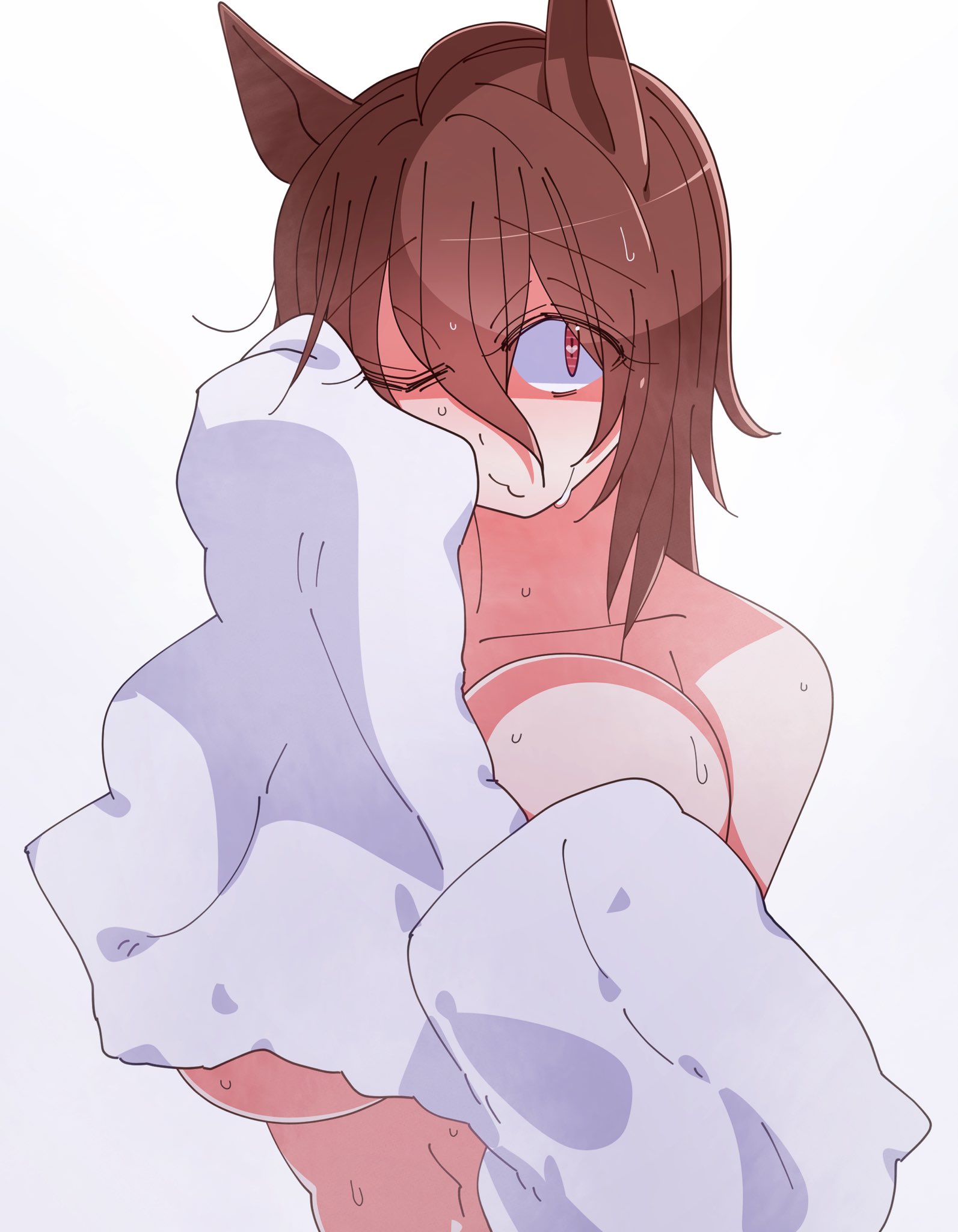 kaijin debeso, agnes tachyon (umamusume), umamusume, highres, 1girl, animal ears, breasts, brown hair, coat, collarbone, horse ears, horse girl, lab coat, large breasts, one eye closed, sleeves past fingers, sleeves past wrists, solo, sweat, upper body, white coat