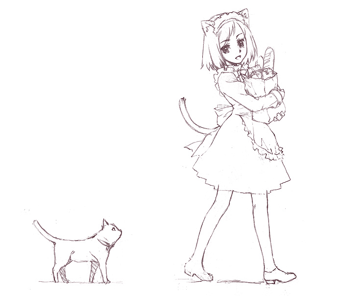 nyaou, original, animal ears, cat, cat ears, cat tail, greyscale, groceries, maid, monochrome, sketch, solo, tail