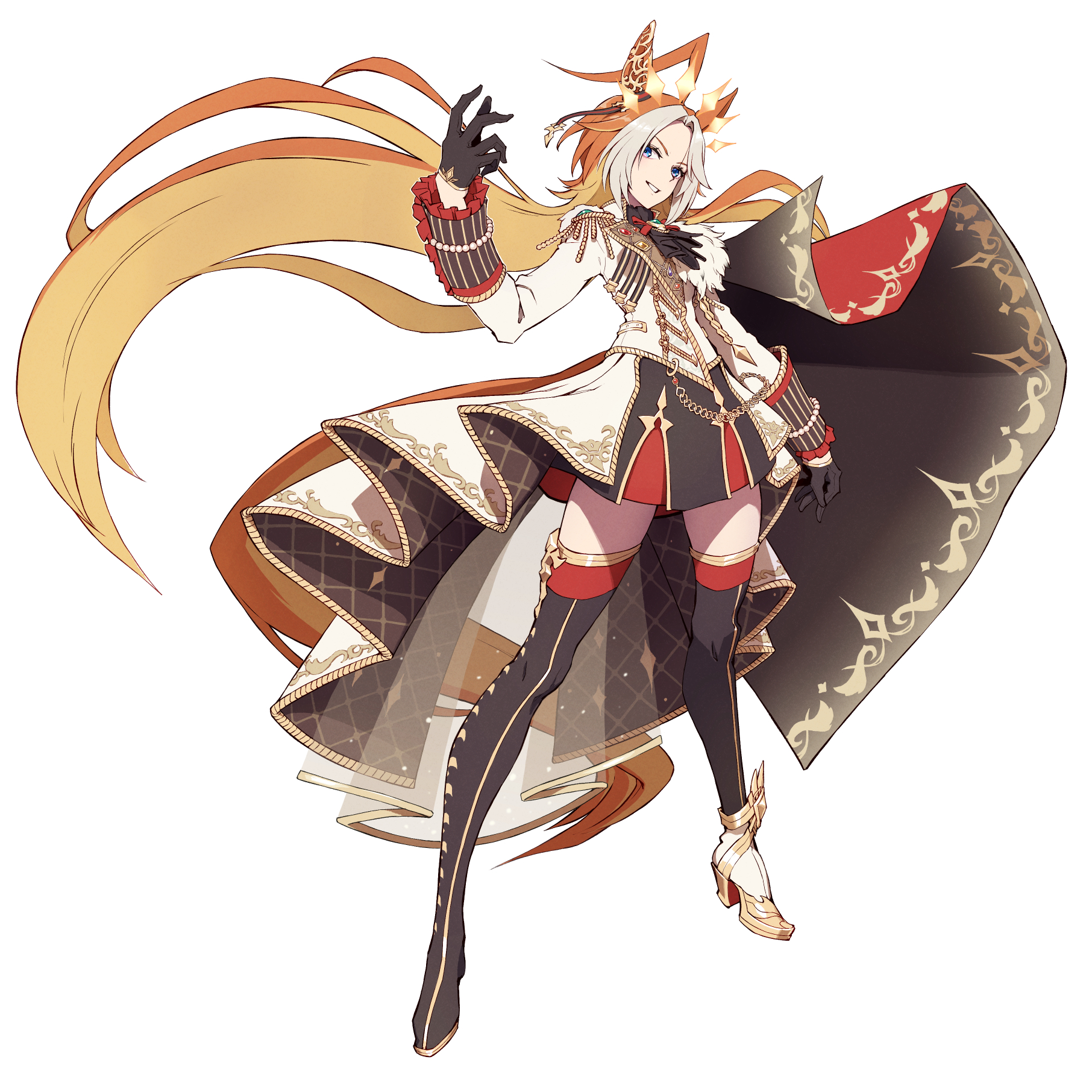 tenkey2022, orfevre (umamusume), umamusume, highres, 1girl, animal ears, black thighhighs, boots, ear covers, full body, horse ears, horse girl, horse tail, long hair, simple background, single ear cover, single thigh boot, single thighhigh, solo, tail, thigh boots, thighhighs, white background