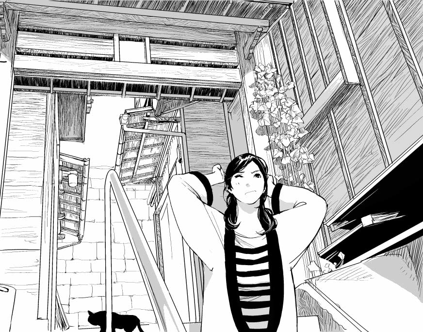 io (yoshidaxco), original, 1girl, cat, greyscale, house, monochrome, scenery