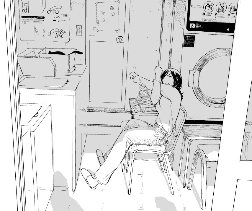 io (yoshidaxco), original, 1girl, cat, chair, female focus, full body, greyscale, indoors, laundry, monochrome, scenery, sitting, slice of life, slippers, solo, stretching, washing machine, yawning