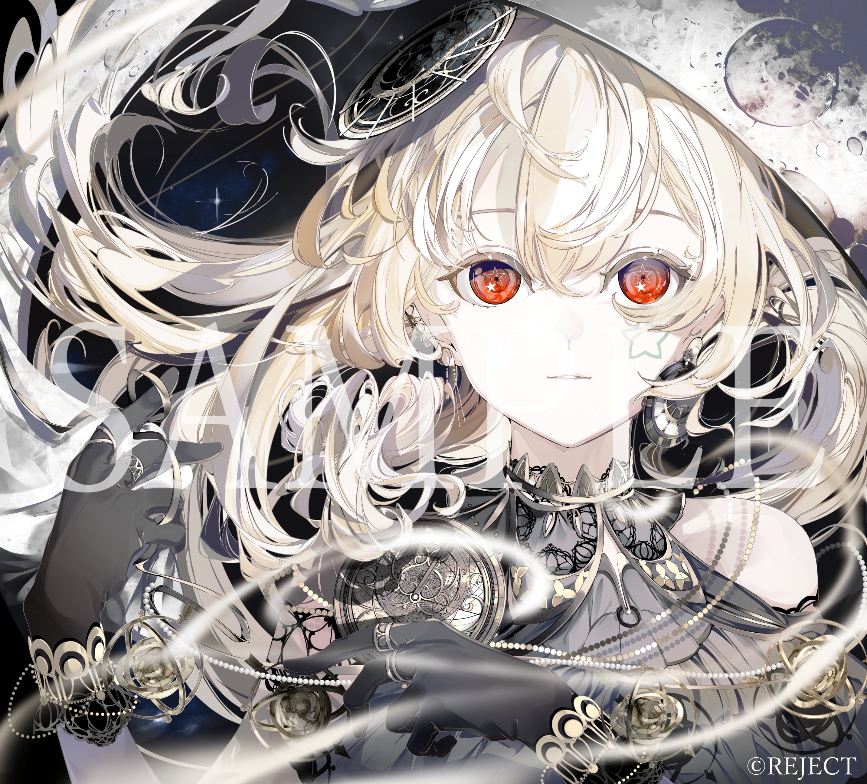 yonemuro, tooko (vtuber), reject (esports), absurdres, highres, 1girl, black dress, black gloves, blonde hair, clothing cutout, company name, dress, earrings, facial mark, gloves, hair between eyes, holding, holding pocket watch, jewelry, long hair, moon, pocket watch, red eyes, ring, sample watermark, shoulder cutout, star-shaped pupils, star (symbol), symbol-shaped pupils, virtual youtuber, watch, watermark