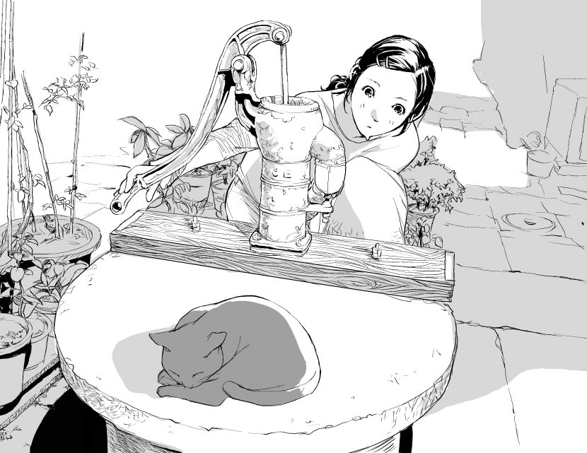 io (yoshidaxco), original, 1girl, animal, bucket, cat, closed mouth, day, greyscale, hair ornament, hairclip, hand pump, leaning forward, long hair, long sleeves, looking down, monochrome, outdoors, outstretched arm, pants, plant, ponytail, potted plant, pump, scenery, shadow, shirt, sleeping, sleeves pushed up, slice of life, standing, stone floor, water pump, waterpump