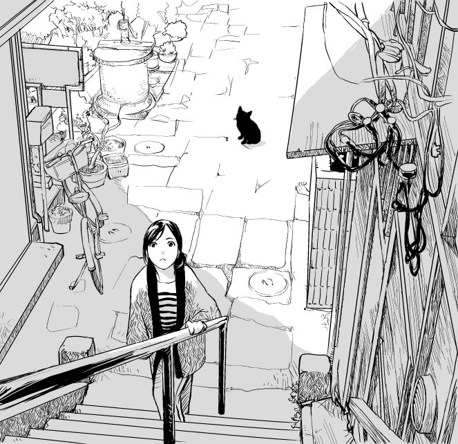 io (yoshidaxco), original, tagme, 1girl, cat, female focus, frown, greyscale, hair bun, monochrome, plant, scenery, single side bun, solo