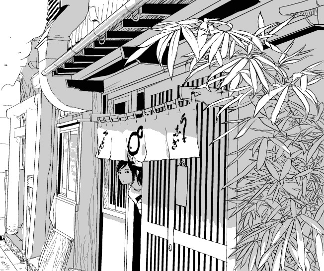 io (yoshidaxco), original, 1girl, door, female focus, greyscale, industrial pipe, monochrome, peeking, plant, scenery, solo, torii, voyeurism