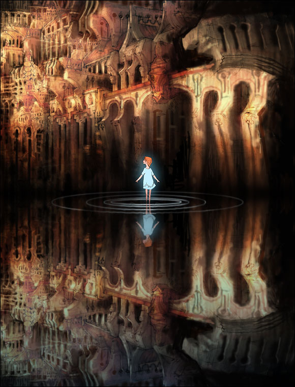 sukiyoshi (skiaki), 1girl, architecture, blue dress, building, dress, female focus, full body, orange hair, outstretched hand, reflection, reflective water, ripples, short hair, short sleeves, solo, standing, standing on liquid, wading, water