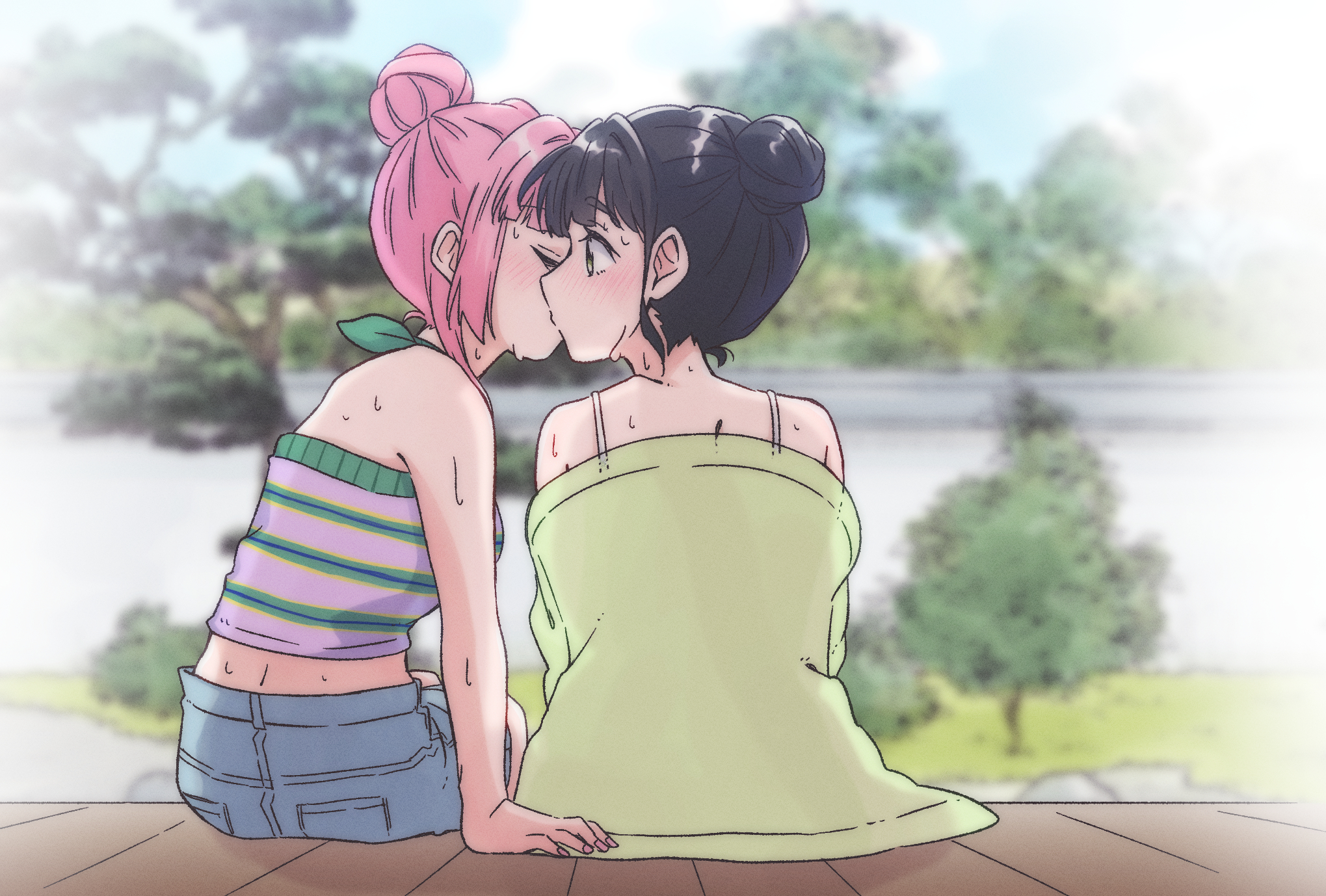 donpa, anyoji hime, anyoji hime (sleepover at ginko's), momose ginko, momose ginko (sleepover at ginko's), link! like! love live!, love live!, commentary request, highres, 2girls, bare shoulders, black hair, blue shorts, camisole, cardigan, green cardigan, green shirt, hair bun, halterneck, kiss, lone nape hair, midriff, multiple girls, off shoulder, official alternate costume, outdoors, pink hair, pink nails, purple shirt, shirt, short hair, short shorts, shorts, sidelocks, single hair bun, sitting, sweat, veranda, virtual youtuber, white camisole, yuri