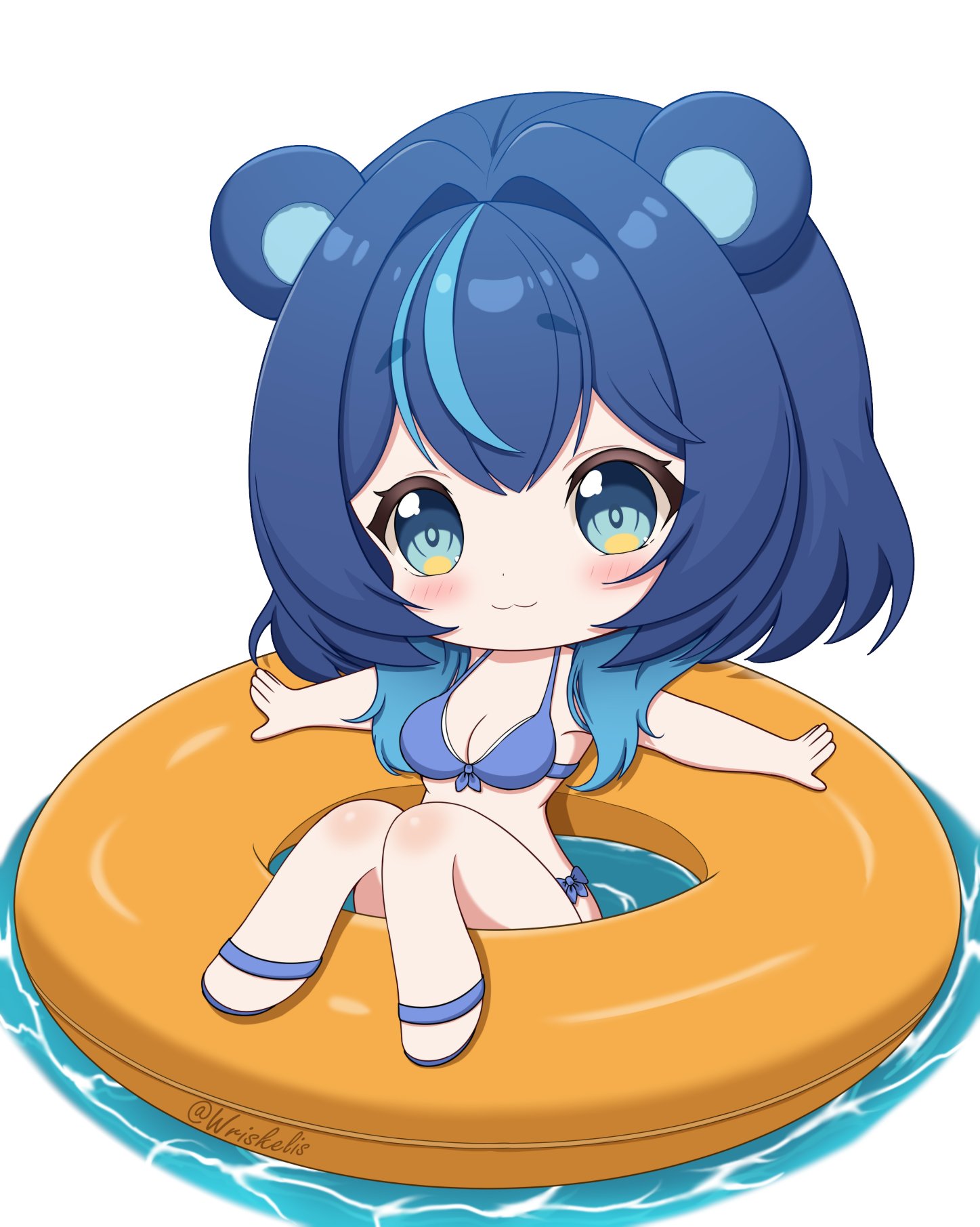 wriskelis, fujikura uruka, phase connect, highres, 1girl, :3, animal ears, bear ears, bear girl, blue bow, blue eyes, blue hair, blush, bow, breasts, chibi, closed mouth, multicolored hair, solo, streaked hair, swim ring, twitter username, virtual youtuber, water, white background