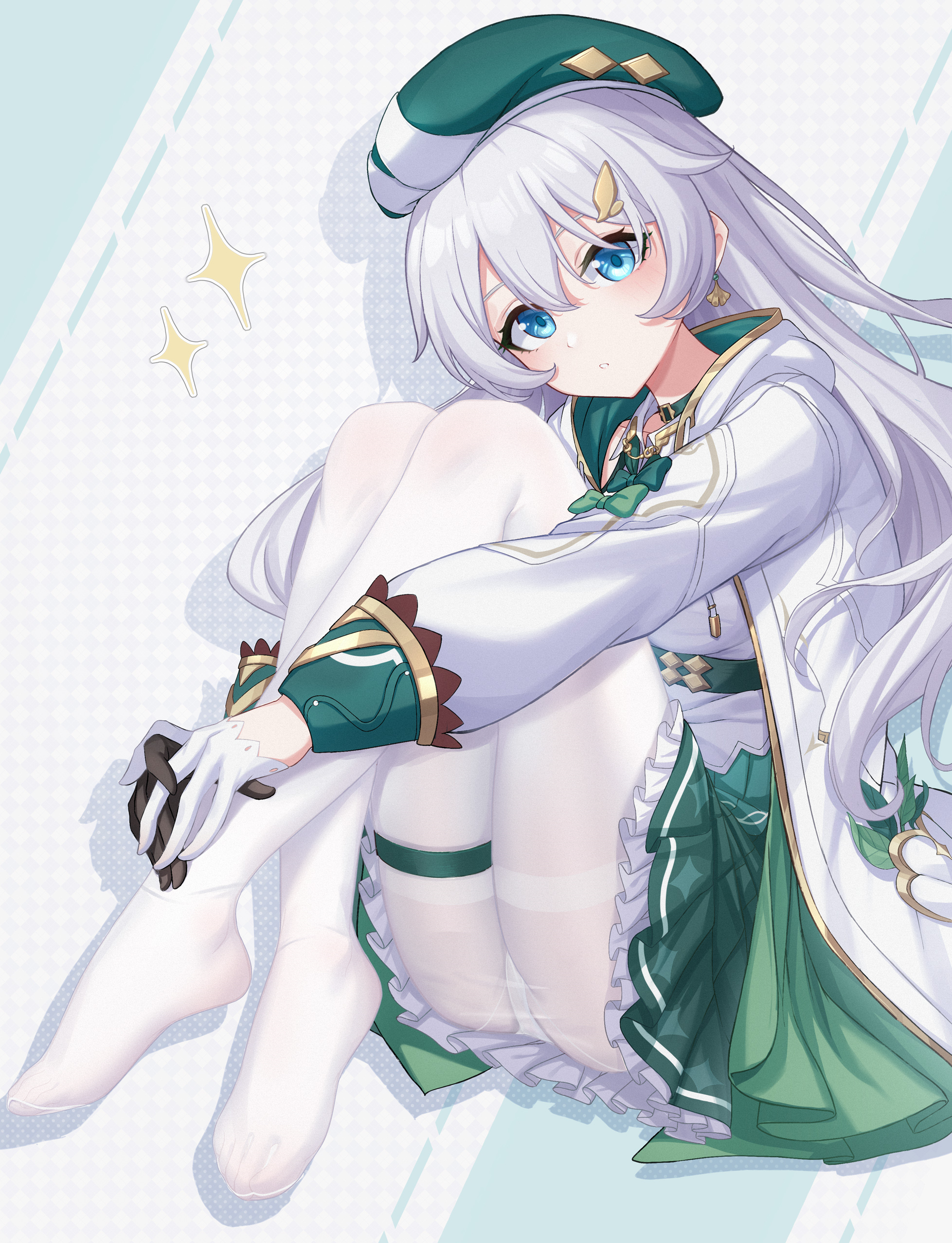 natsugou shinogi, theresa apocalypse, honkai (series), honkai impact 3rd, absurdres, commentary request, commission, highres, pixiv commission, 1girl, ass, asymmetrical gloves, beret, black gloves, blue eyes, blush, frilled skirt, frills, gloves, green hat, green skirt, grey hair, hair between eyes, half gloves, hat, head tilt, hugging own legs, jacket, knees up, long hair, long sleeves, looking at viewer, mismatched gloves, no shoes, open clothes, open jacket, panties, panties under pantyhose, pantyhose, pleated skirt, puffy long sleeves, puffy sleeves, shirt, sitting, skirt, solo, thighband pantyhose, underwear, very long hair, white gloves, white jacket, white panties, white pantyhose, white shirt