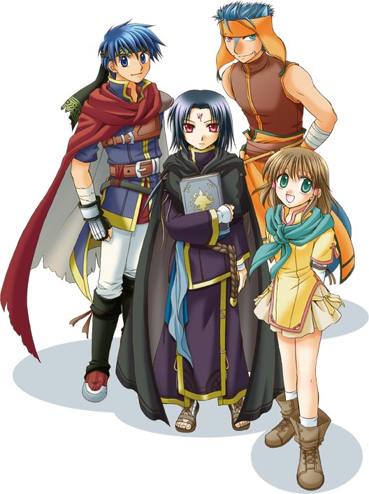 umejiso, ike (fire emblem), mist (fire emblem), mist (path of radiance) (fire emblem), ranulf, soren (fire emblem), fire emblem, fire emblem: path of radiance, nintendo, 1girl, 3boys, black hair, blue eyes, blue hair, brown hair, green eyes, laguz (race), multiple boys, multiple girls, red eyes