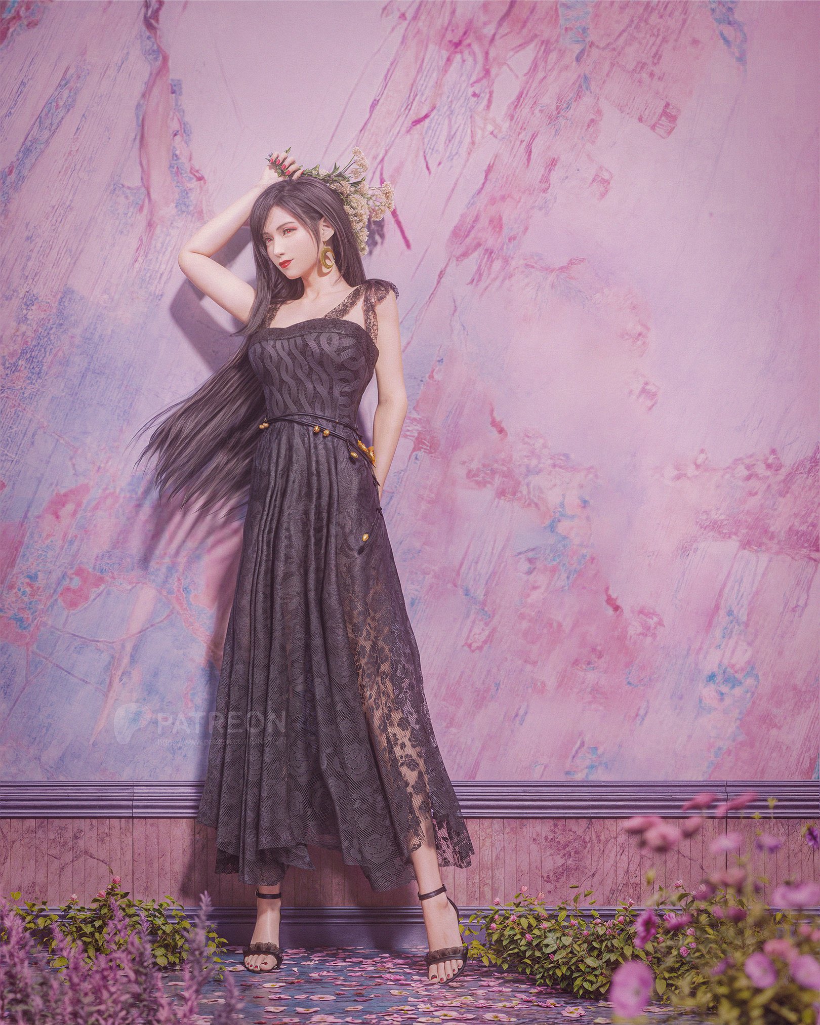 drayqin, tifa lockhart, final fantasy, final fantasy vii, final fantasy vii remake, highres, 1girl, 3d, arm behind back, arm up, artist name, black dress, black hair, black sandals, blurry, blurry foreground, bouquet, breasts, closed mouth, collarbone, dress, earrings, feet, flower, full body, heel up, holding, jewelry, long dress, long hair, looking at viewer, medium breasts, nail polish, petals, pink background, pink flower, red eyes, red lips, sandals, solo, strappy heels, toenail polish, toenails, toes, very long hair, watermark