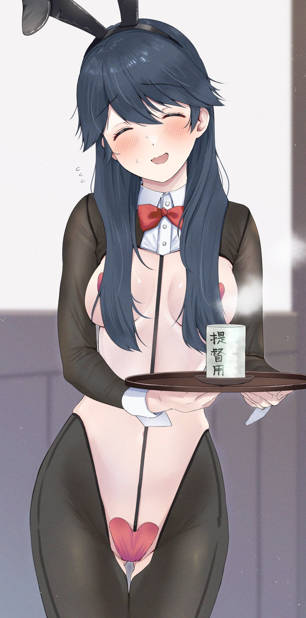 magai akashi, houshou (kancolle), kantai collection, commentary request, highres, 1girl, alternate costume, animal ears, blurry, blurry background, blush, bow, bowtie, breasts, closed eyes, cup, fake animal ears, flying sweatdrops, gluteal fold, hair over breasts, holding, holding tray, leotard, long hair, maebari, medium breasts, open mouth, pantyhose, pasties, playboy bunny, rabbit ears, red bow, red bowtie, reverse bunnysuit, reverse outfit, solo, steam, tray, wrist cuffs, yunomi
