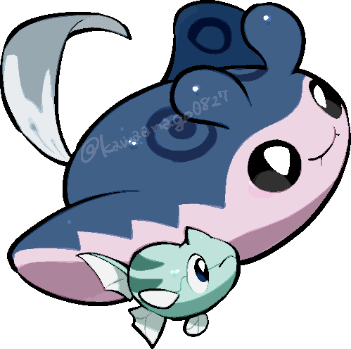 kawaanago, mantine, remoraid, nintendo, pokemon, commentary request, lowres, animal focus, chibi, chibi only, closed mouth, full body, gen 2 pokemon, no humans, pokemon (creature), pokemon focus, smile, transparent background, twitter username