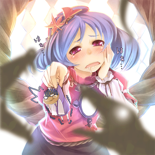 buriki, moriya suwako, yasaka kanako, touhou, 2girls, female focus, hair ornament, hat, leaf hair ornament, mini person, minigirl, multiple girls, pov, purple hair, red eyes, rope, shimenawa