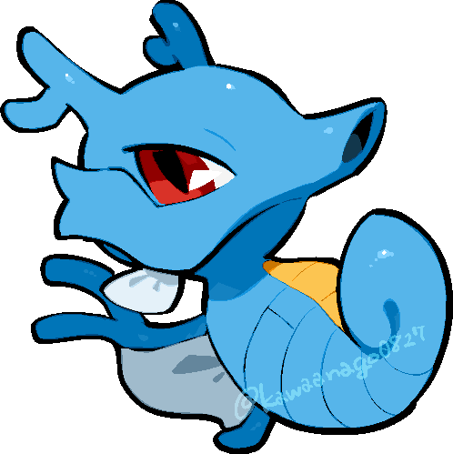 kawaanago, kingdra, nintendo, pokemon, commentary request, lowres, animal focus, chibi, chibi only, full body, gen 2 pokemon, no humans, pokemon (creature), pokemon focus, red eyes, solo, transparent background, twitter username