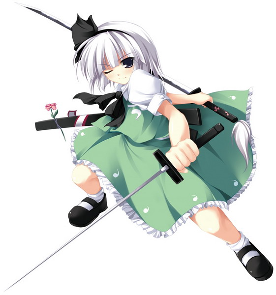 tateha (marvelous grace), konpaku youmu, touhou, silver hair, 1girl, blue eyes, dress, dual wielding, female focus, fighting stance, flower, frilled dress, frills, full body, green dress, holding, holding sword, holding weapon, katana, mary janes, one eye closed, sheath, shoes, short hair, simple background, socks, solo, spread legs, standing, sword, unsheathed, weapon, white background, wink