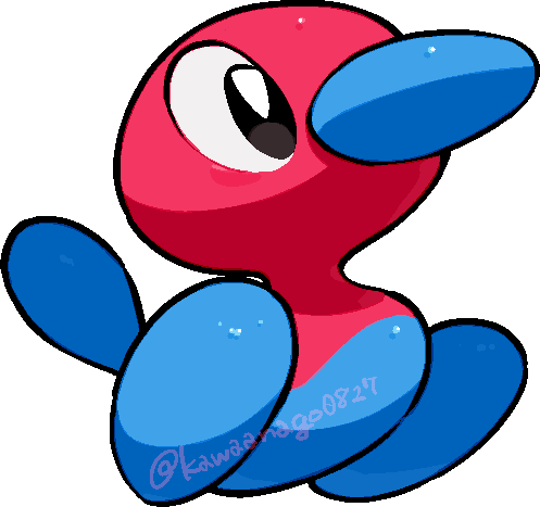 kawaanago, porygon2, nintendo, pokemon, commentary request, lowres, chibi, chibi only, full body, gen 2 pokemon, no humans, pokemon (creature), pokemon focus, solo, transparent background, twitter username