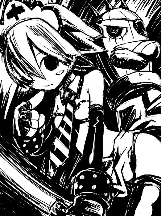 haku (artist), haku (sabosoda), striped neckwear, 1girl, bare shoulders, blush, cross, fingerless gloves, gloves, greyscale, hair over one eye, hat, looking at viewer, monochrome, necktie, nurse cap, pointing, pointing at self, short hair, smile, striped necktie