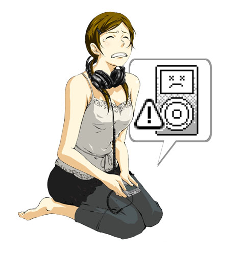 71 (nanaichi drafting), original, lowres, 1girl, barefoot, brown hair, camisole, clenched teeth, closed eyes, digital media player, female focus, frown, hair ornament, hairclip, headphones, headphones around neck, ipod, pants, sitting, solo, tears, teeth, twintails, wariza