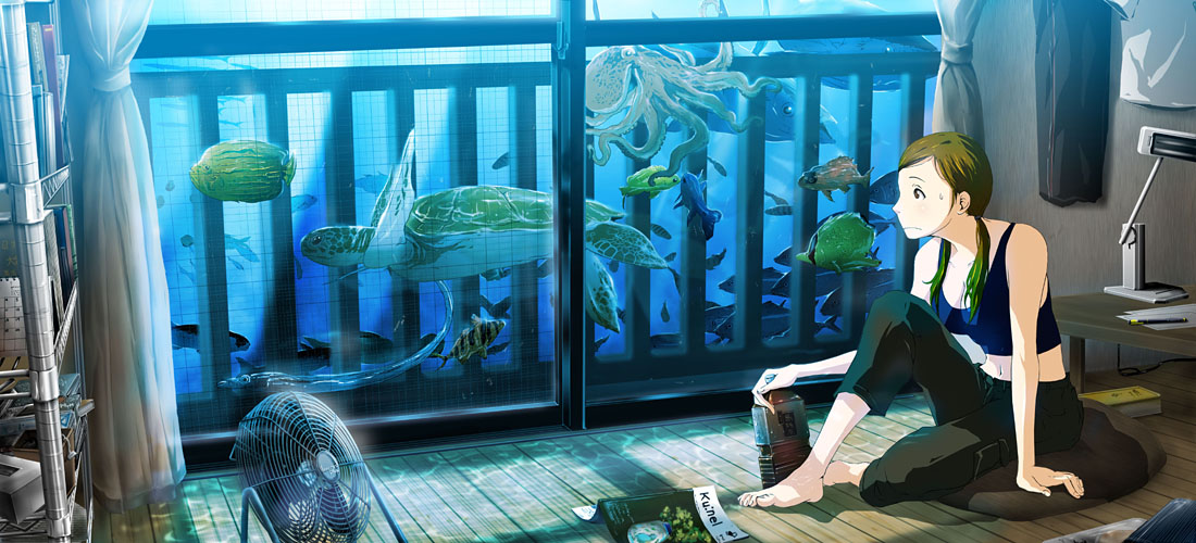 71 (nanaichi drafting), original, 1girl, bare shoulders, barefoot, book, bottle, brown eyes, brown hair, electric fan, female focus, fish, flood, leg up, magazine (object), midriff, octopus, room, sitting, solo, summer, sweat, sweatdrop, table, tank top, turtle, twintails, underwater, water