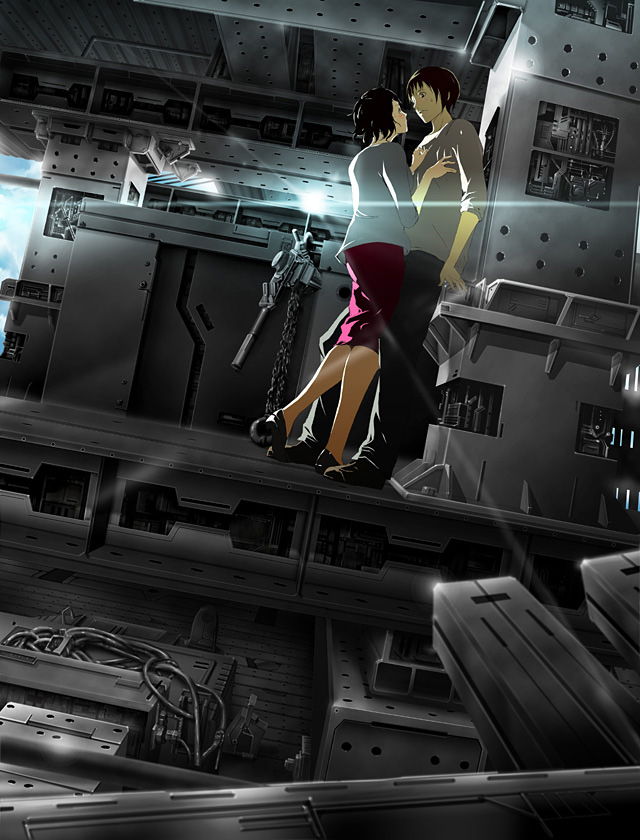 71 (nanaichi drafting), 1boy, 1girl, blush, couple, dutch angle, hetero, lens flare, science fiction
