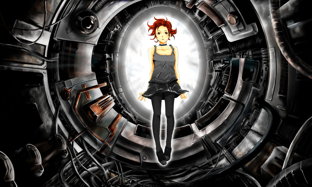71 (nanaichi drafting), tagme, pantyhose, red hair, science fiction, skirt, solo, thighhighs