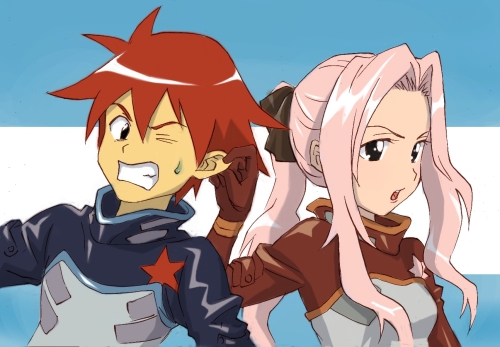88 (488), nns (sobchan), darry adai, gimmy adai, tengen toppa gurren lagann, lowres, 00s, 1boy, 1girl, black bodysuit, blue eyes, bodysuit, clenched teeth, grabbing another's ear, grabbing another's hair, hand on another's ear, holding another's hair, military, military uniform, open mouth, pink hair, red hair, short hair, siblings, sweatdrop, teeth, two-tone background, upper body